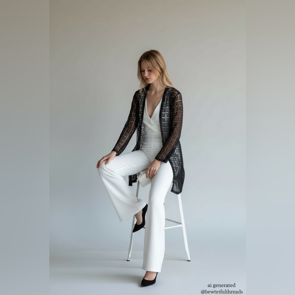 Vintage Black Fully Beaded Long Mesh Duster Jacket | Open Front Statement